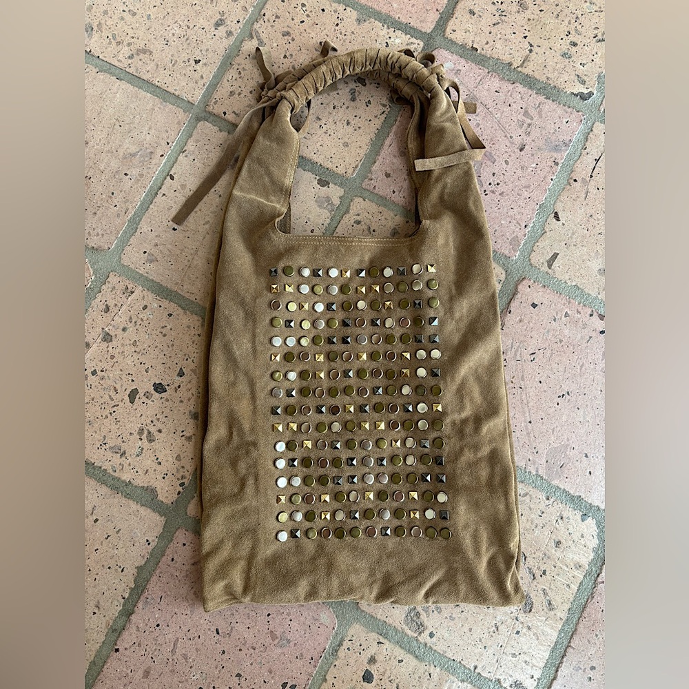 Cynthia Vincent Studded Tan Suede Tote Bag